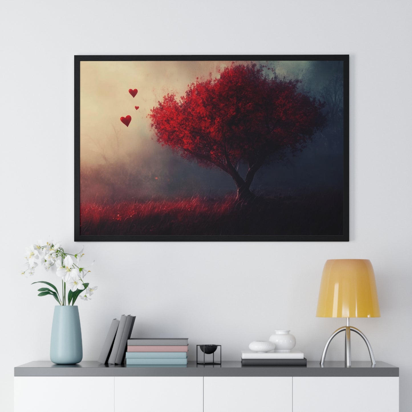 Heartwood — Crimson Tree in the Mist (Framed)