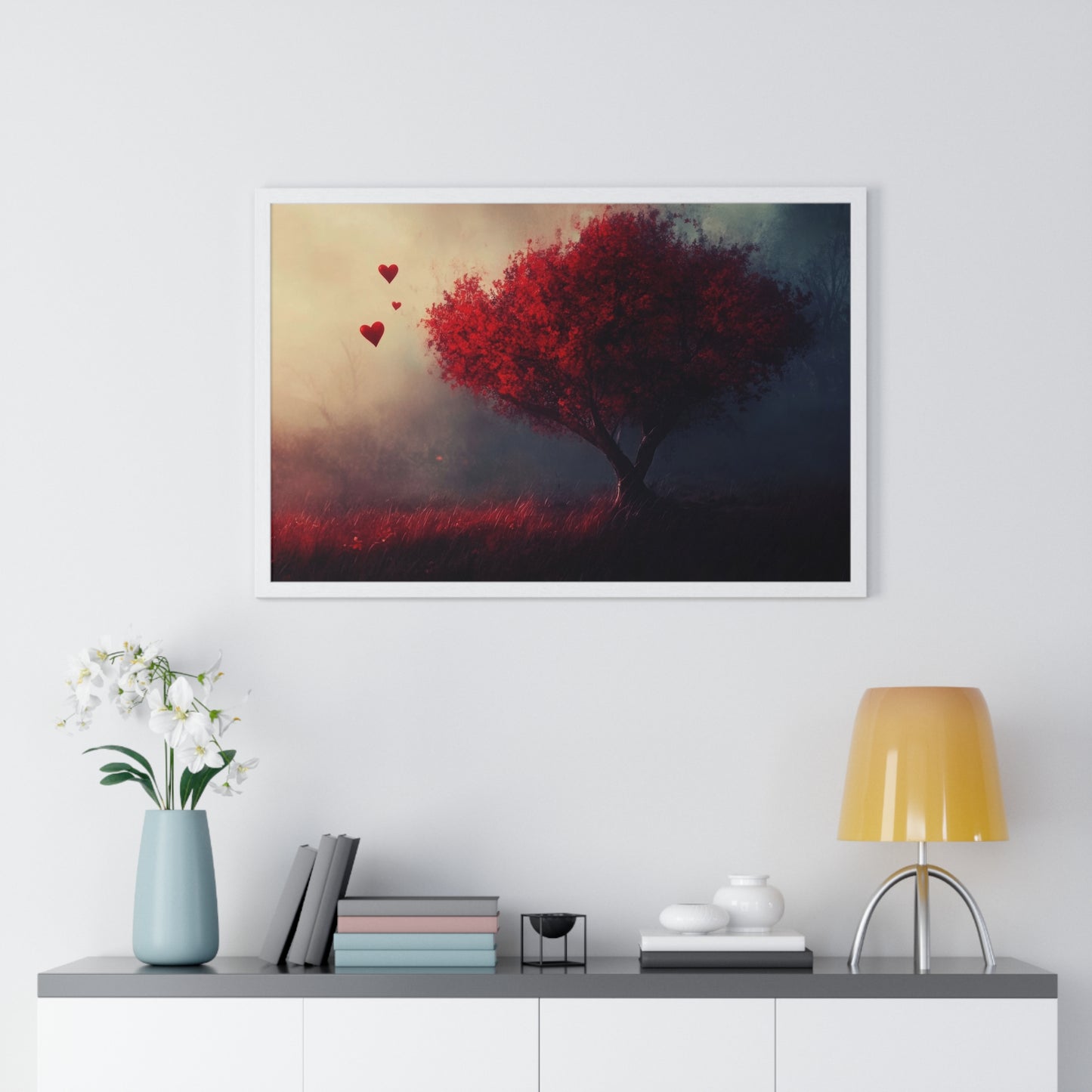 Heartwood — Crimson Tree in the Mist (Framed)