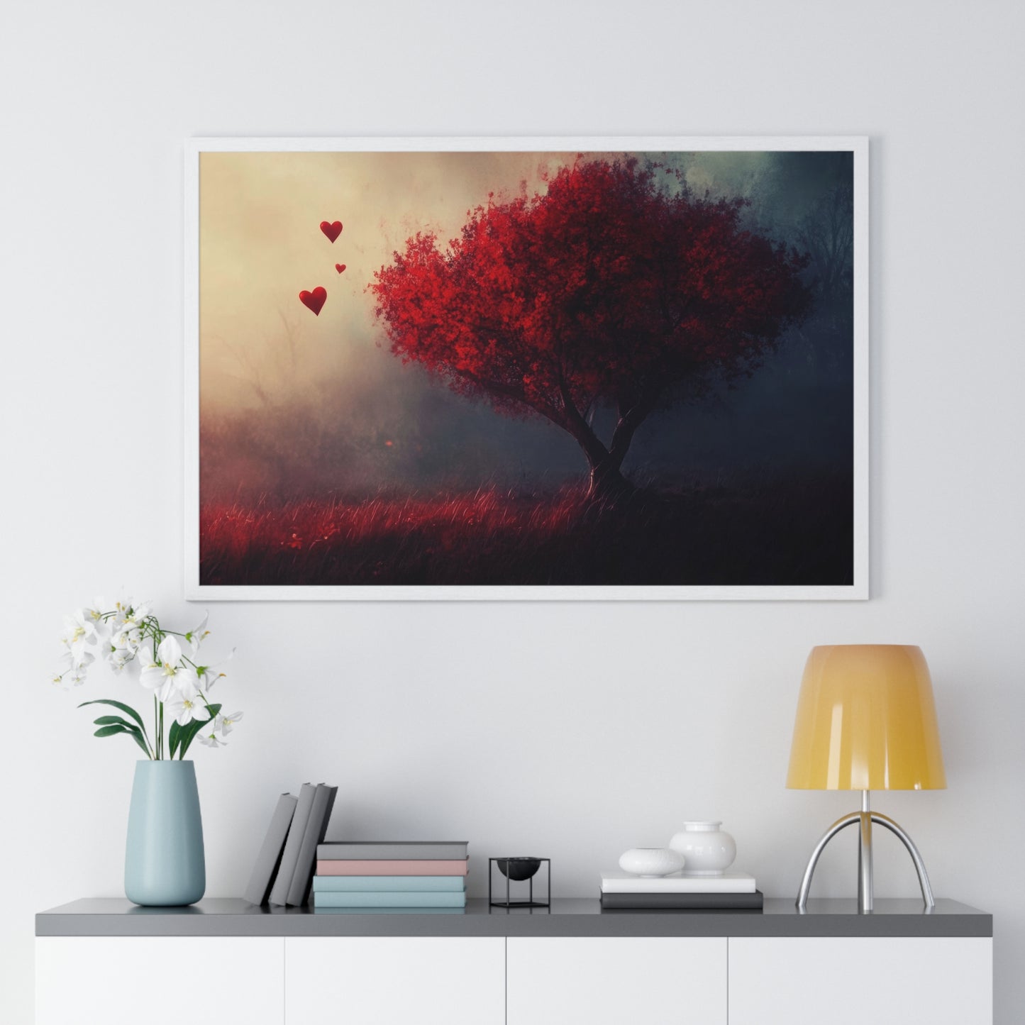 Heartwood — Crimson Tree in the Mist (Framed)