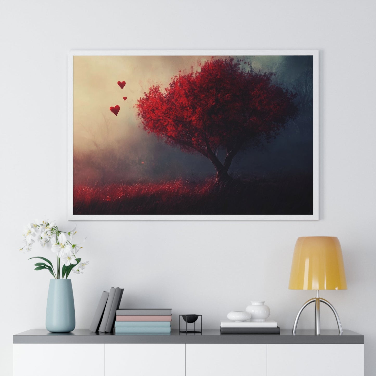 Heartwood — Crimson Tree in the Mist (Framed) - JG Visual Arts