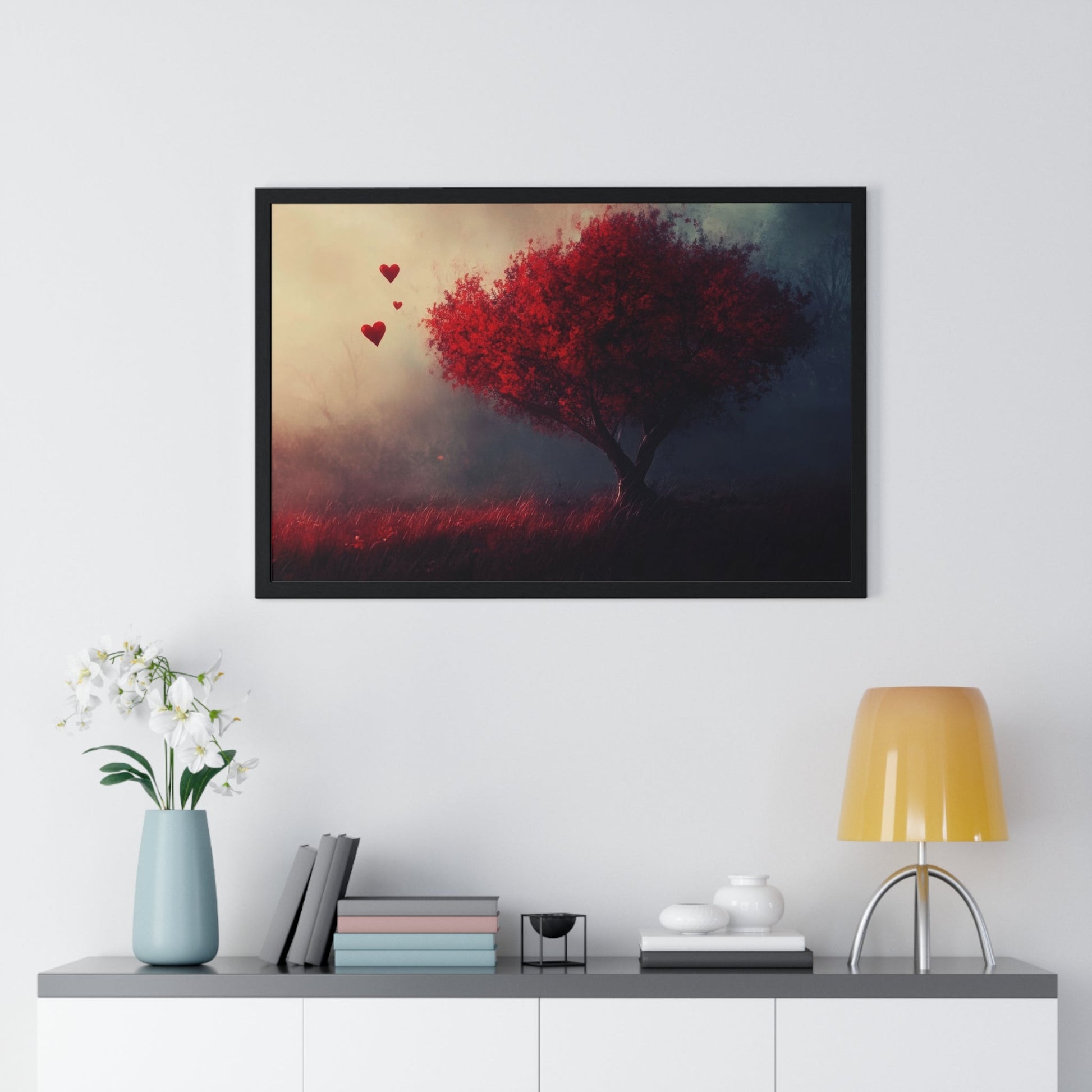 Heartwood — Crimson Tree in the Mist (Framed) - JG Visual Arts