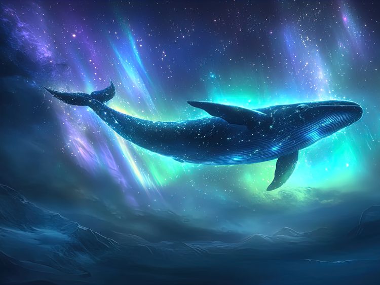 A cosmic whale swimming through the aurora above a frozen sea